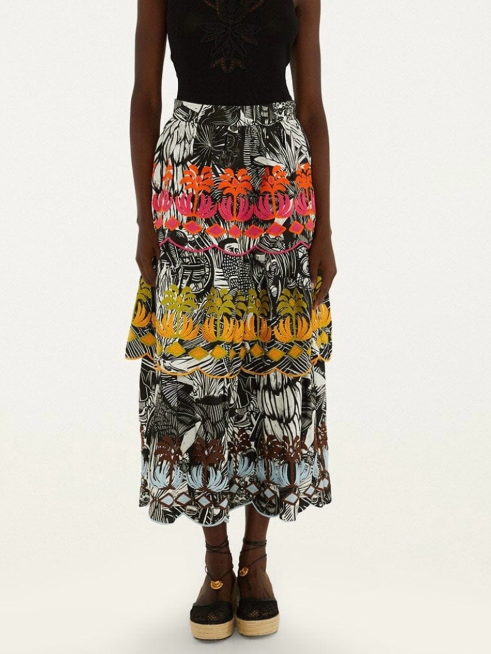 Farm Rio Tiered Floral Print Midi Skirt in Black with Multicolor Accents - M